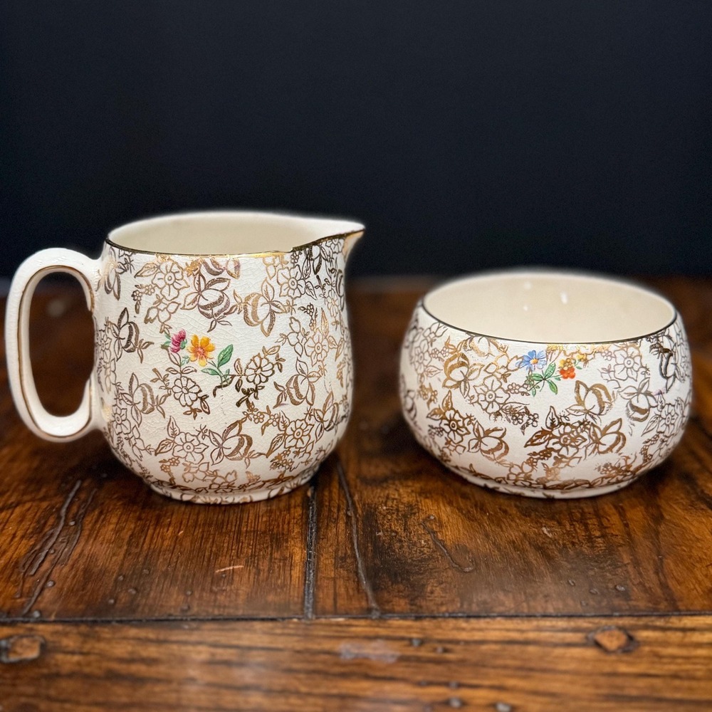 Vintage Lord Nelson Ware‎ Gold Chintz Creamer & Sugar Set England